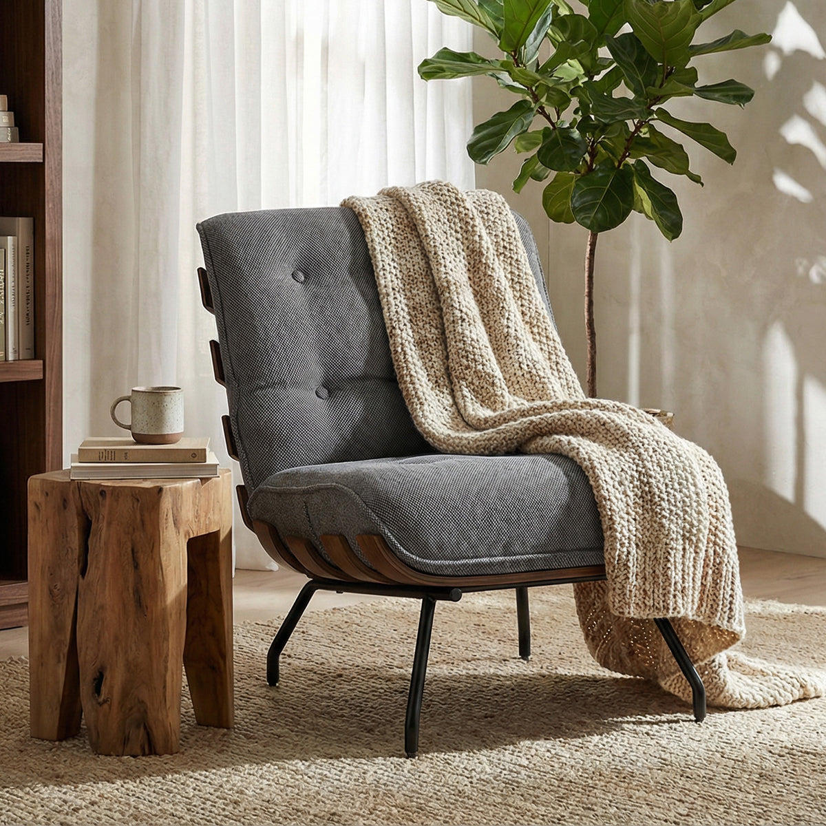 Accent Chair, Linen-look Fabric Reading Chair with Spring Cushion, Slatted Support, Steel Frame, Dark Grey