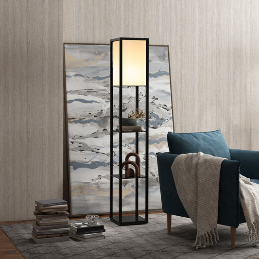 3-Tier Floor Lamp with Shelves and Storage, Modern Standing Lamp with Lampshade, Reading Light with Chain Switch for Living Room, Bedroom, Home Office, Bulb not Included, Black