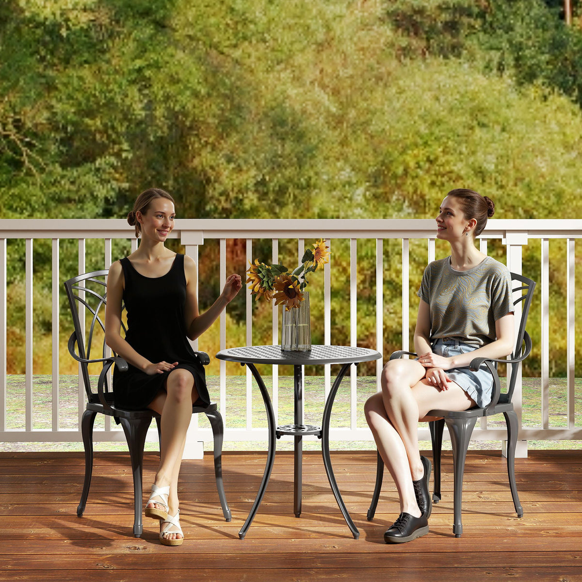 Outsunny 3 Pieces Garden Dining Set for 2, Cast Aluminium Outdoor Dining Set with 2 Armchairs and Round Dining Table with Parasol Hole, Garden Furniture Bistro Set, Brown