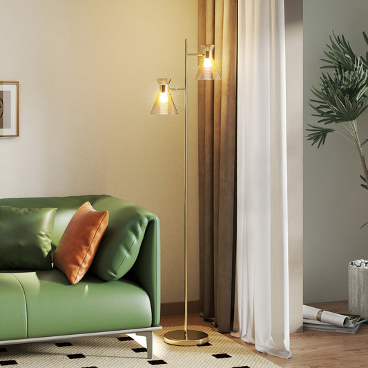 Floor Lamp with Adjustable Dual Head, Modern Standing Lamp with Floral Glass Shades and Foot Switch for Living Room Bedroom, E27 Socket, Bulb Not Included, Gold Tone
