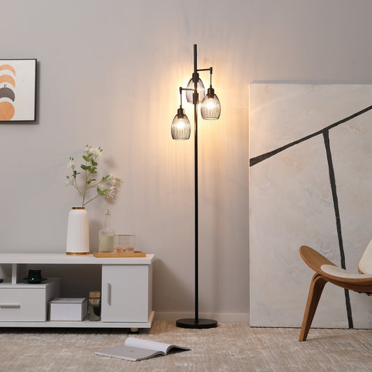 3-Light Floor Lamp, 170cm Industrial Dimmable Standing Lamp with Steel Wire Cage Lampshades for Living Room, Bedroom, Dining Room, Study, Bulb Not Included, Black