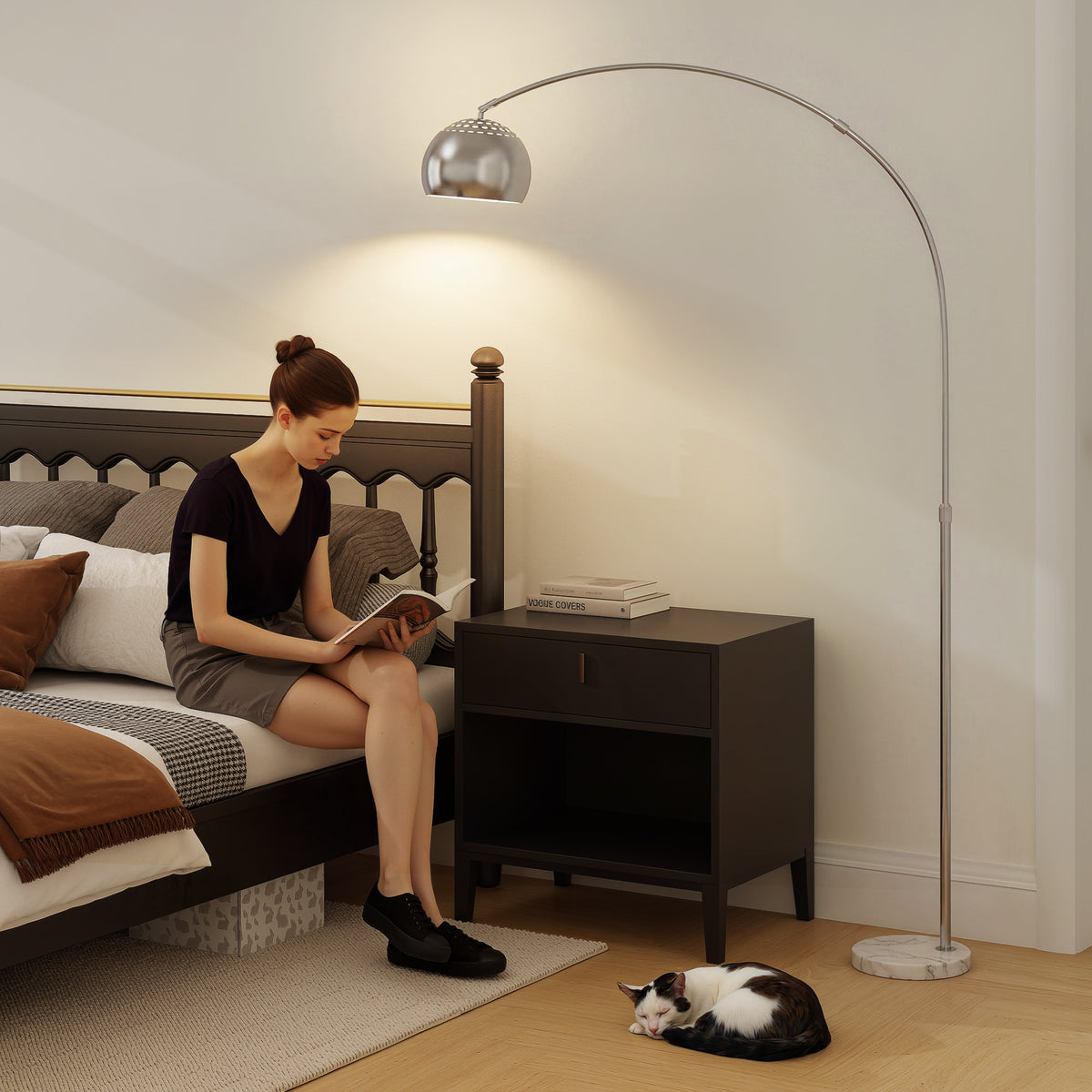 Arc Floor Lamp for Living Room, Modern Adjustable Standing Lamp with Faux Black Marble Base Silver Tone