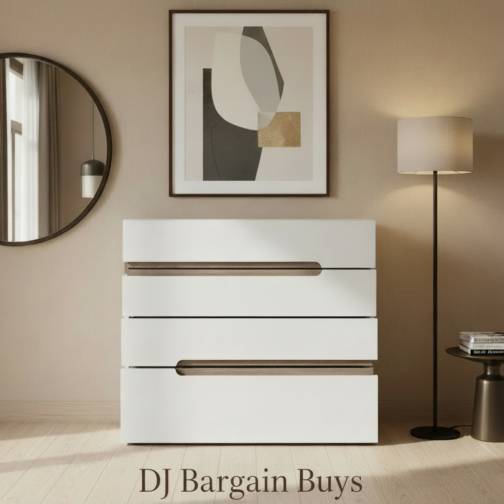 Claudia Bedroom 4 Drawer Chest in White with a Truffle Oak Trim