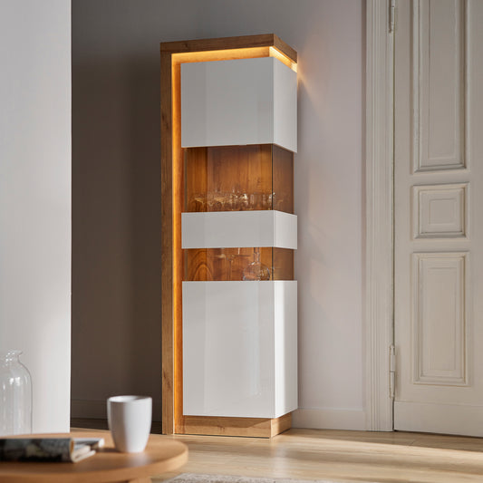 Lucille Tall Narrow Display Cabinet (RHD) in Riviera Oak/White High Gloss