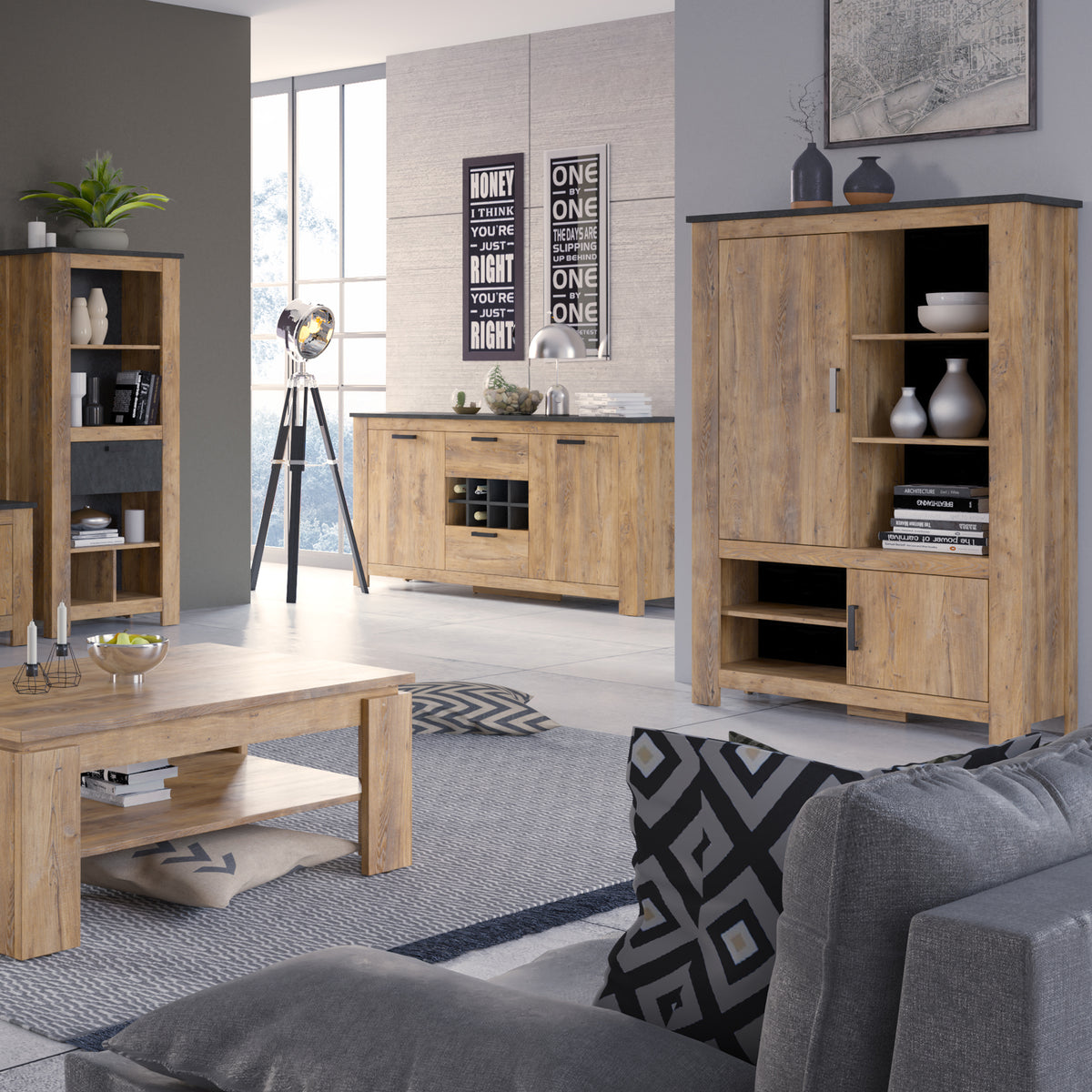 Raif 1 Door 138 cm TV Cabinet in Chestnut and Matera Grey