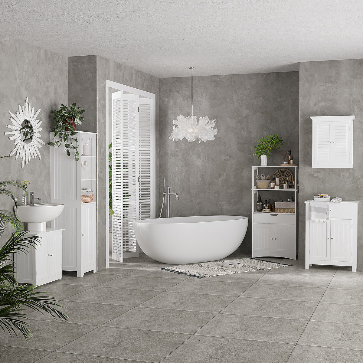Slim Bathroom Storage Cabinet, Tall Bathroom Cabinet with 3 Open Shelves and Adjustable Shelf, White
