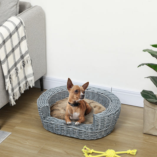 PawHut Wicker Pet Bed Willow Dog Cat Sofa Puppy Basket with Cushion Grey 57L x 46W x 17.5H cm