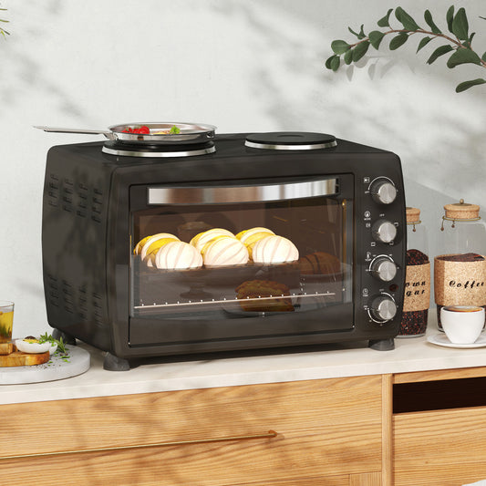 36L Small Oven with 2 Hot Plates, Countertop Toaster Oven, Grill, Roast, Bake, Boil, with Timer, Adjustable Temperature, Electric Oven with Baking Tray, Grill Rack, Crumb Tray, 2600W, Black