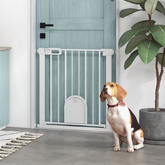 PawHut 75-82cm Pet Safety Gate, Pressure Fit Stair, with Cat Flap, Double Locking, White