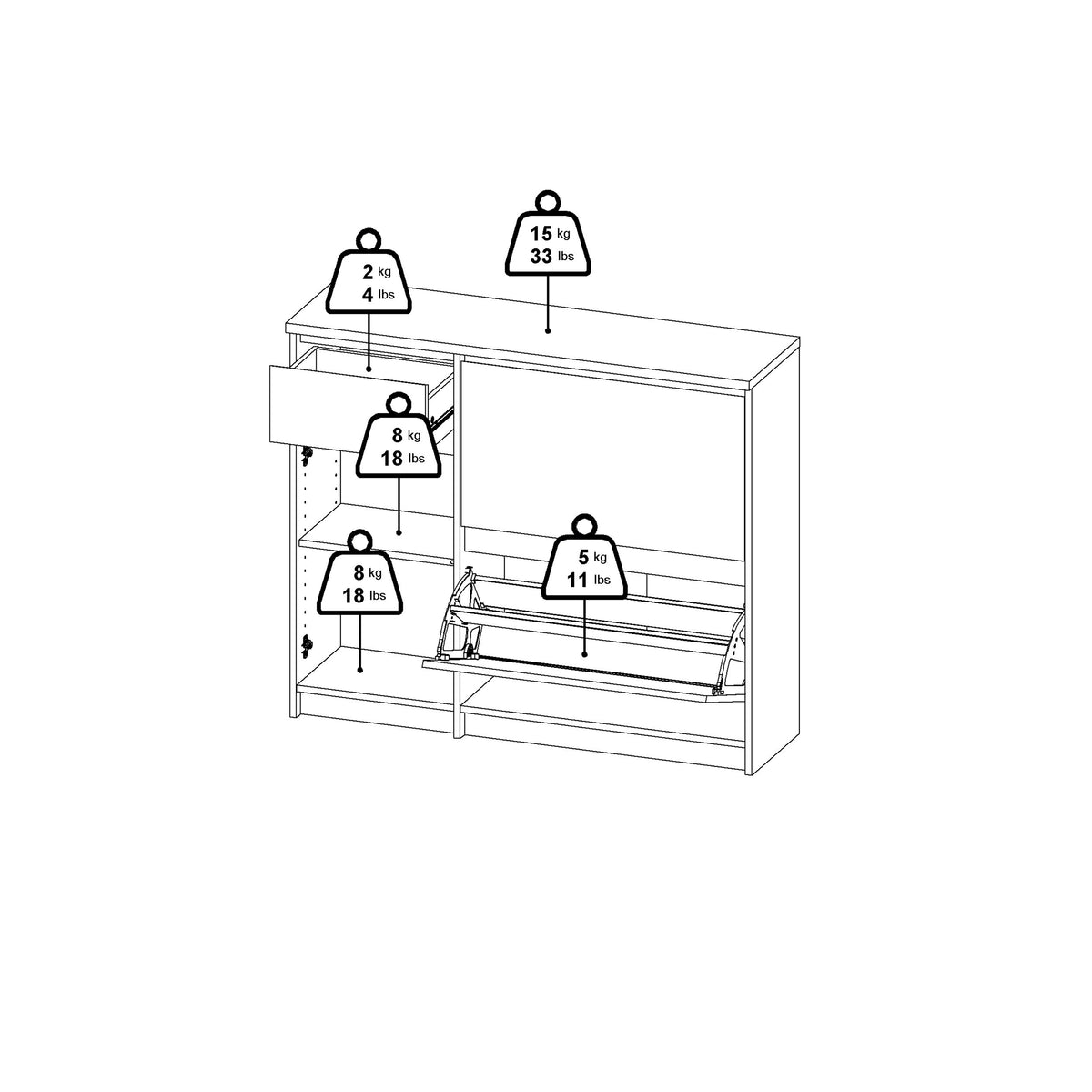 Naia Shoe Cabinet with 2 Flip Down Doors 1 Door and 1 Drawer in Black Matt