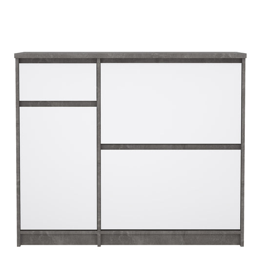 Naia Shoe Cabinet with 2 Flip Down Doors 1 Door and 1 Drawer in Concrete and White High Gloss