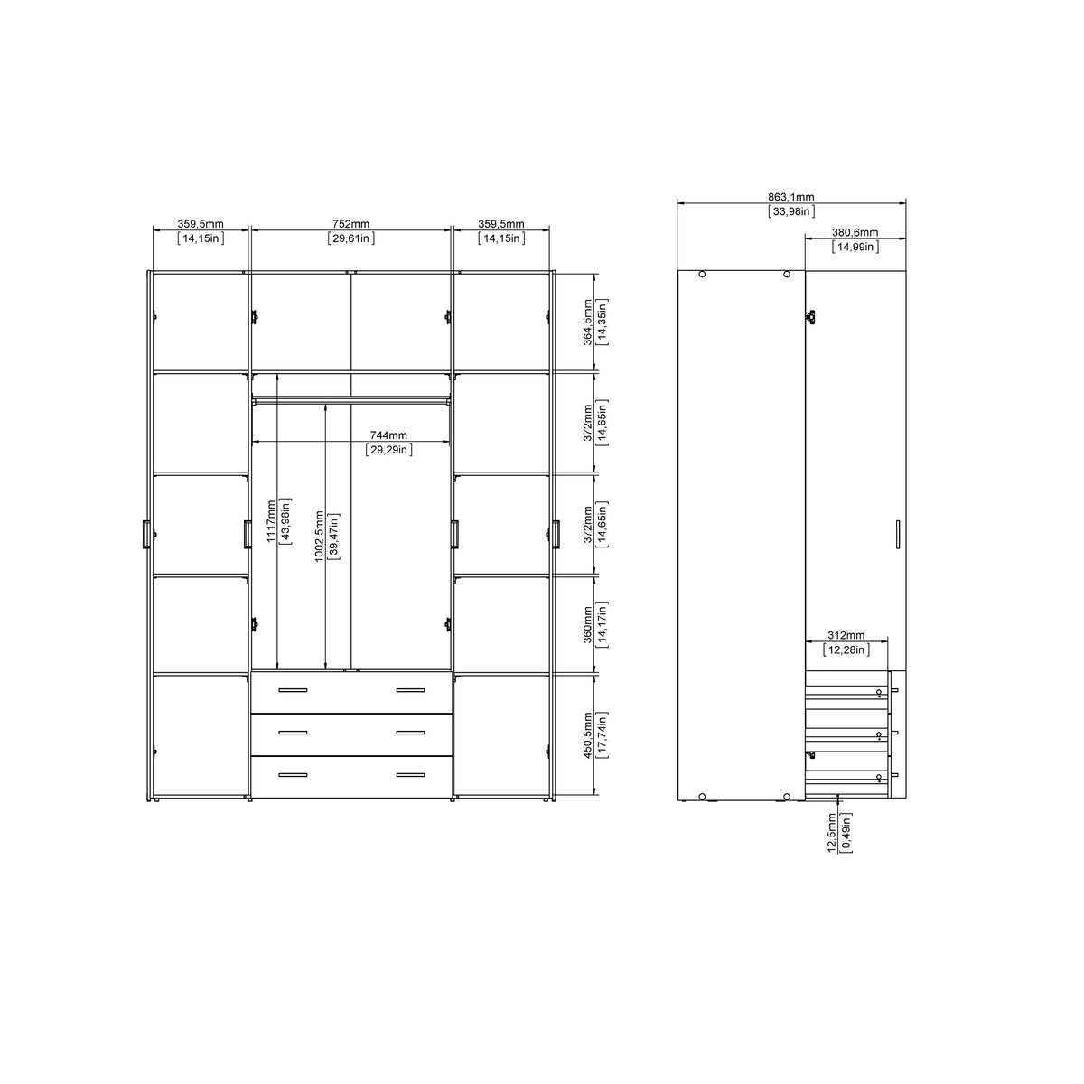 Jupiter Wardrobe 4 Doors 3 Drawers in Oak 2000