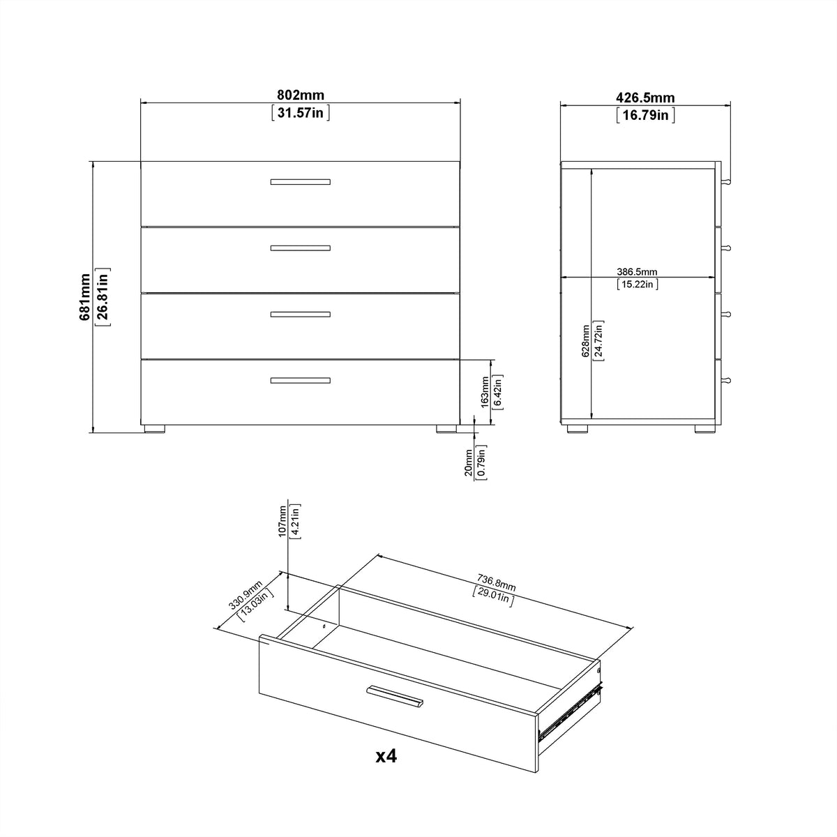 Pippa Chest of 4 Drawers in Oak with White High Gloss