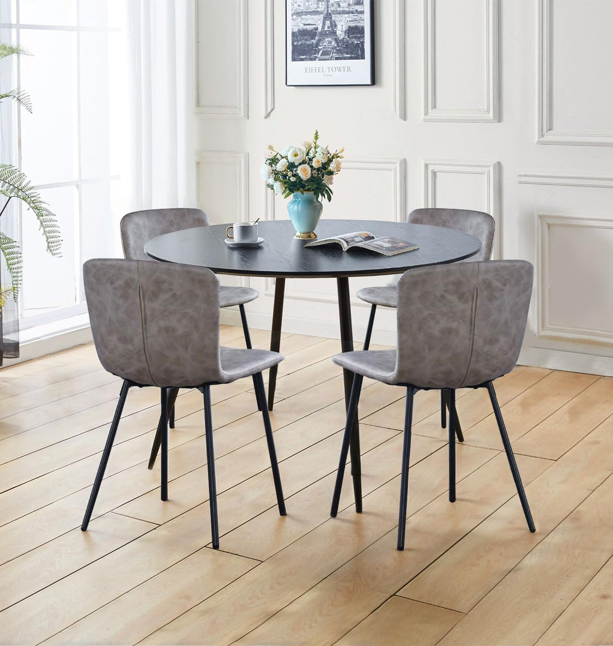 Cullompton Dining Set With 4 Chairs - Black Wooden Effect Kitchen Table and Chairs in Taupe Faux Leather