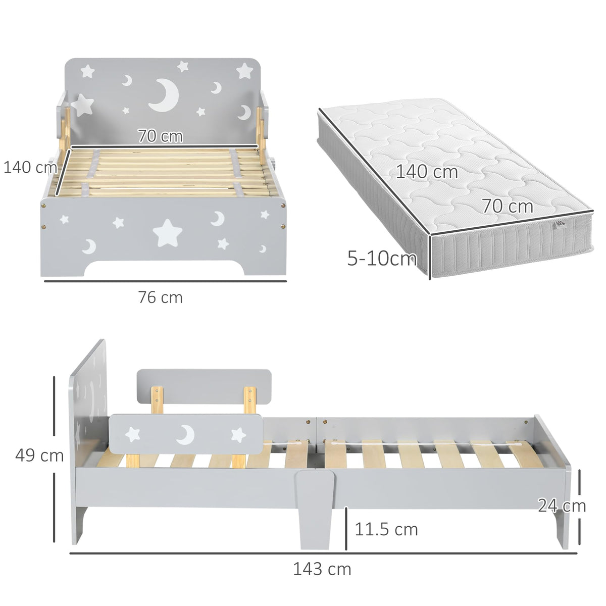 Toddler Bed Children's Bedroom Furniture w/Star and Moon Patterns, Side Rails, for Boys, Girls, Ages 3-6 Years, 143 x 76 x 49cm - Grey