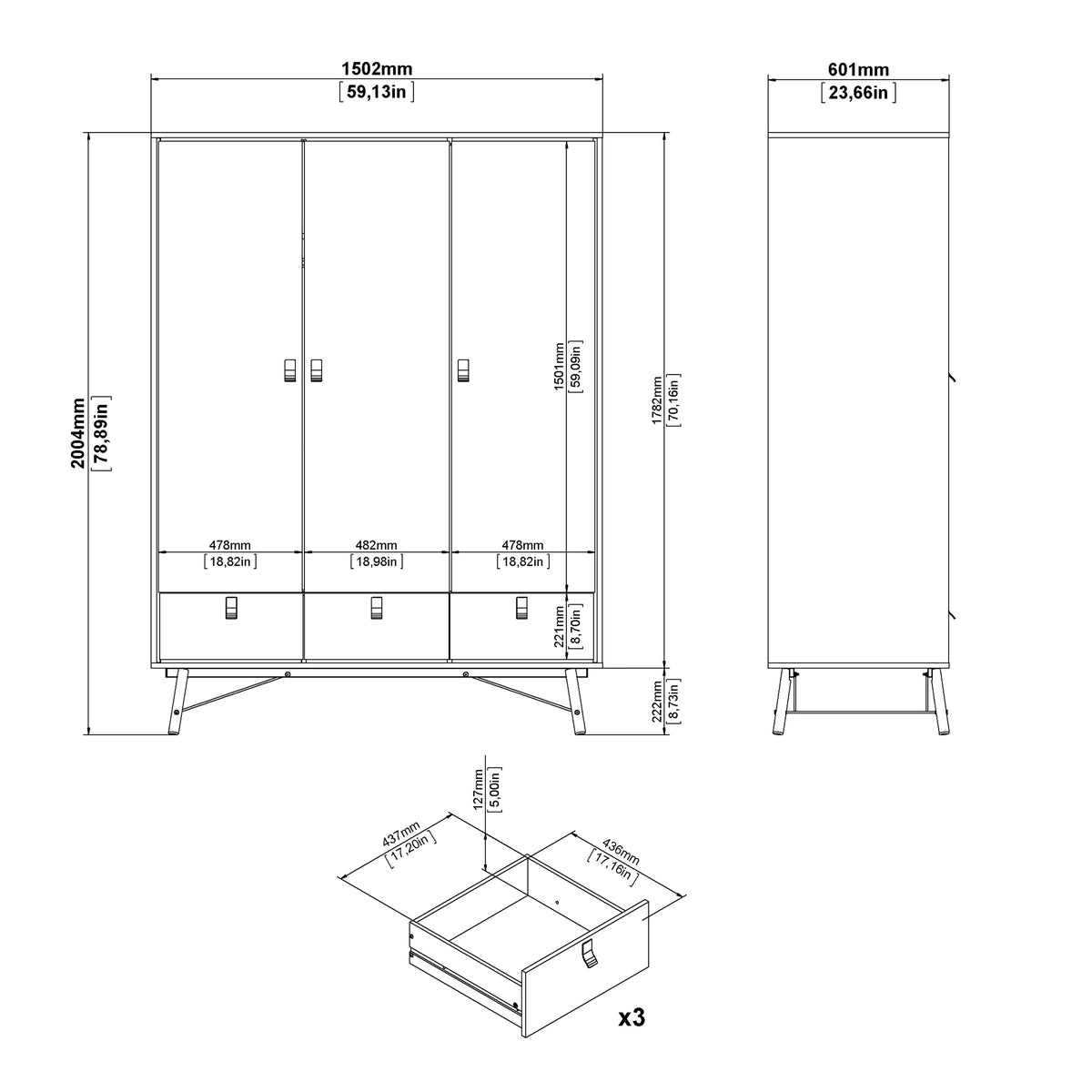Raya Wardrobe 3 Doors 3 Drawers in Matt Black Walnut