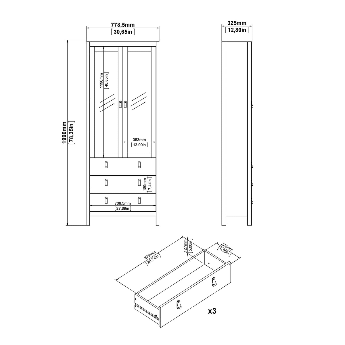 Barcelona China Cabinet 2 Glass Doors with 3 Drawers in Matt Black
