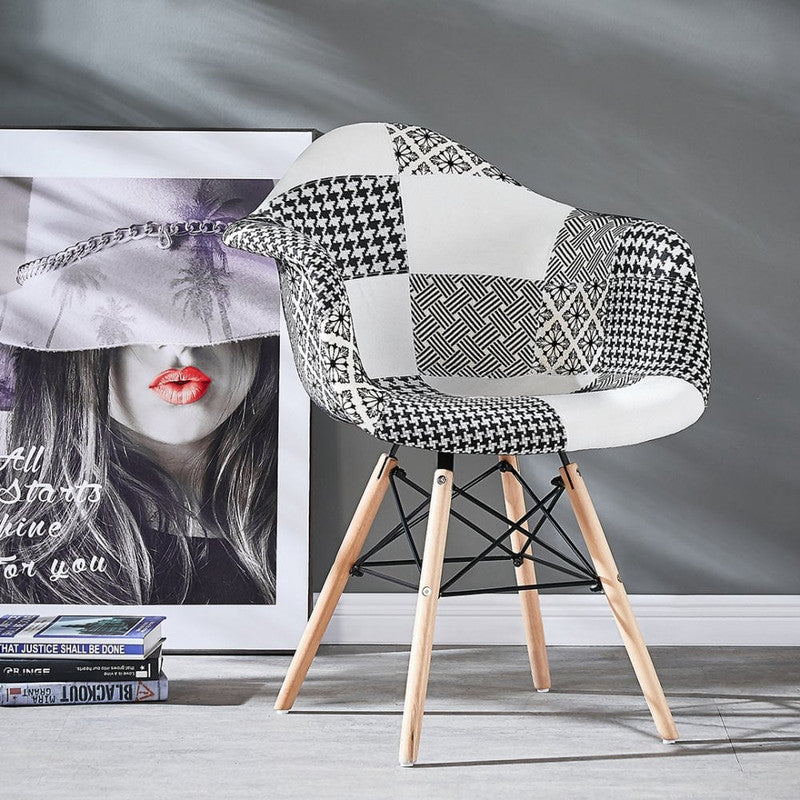 White Halo Dining Table & Set of 4 Black/White Patchwork Accent Chairs