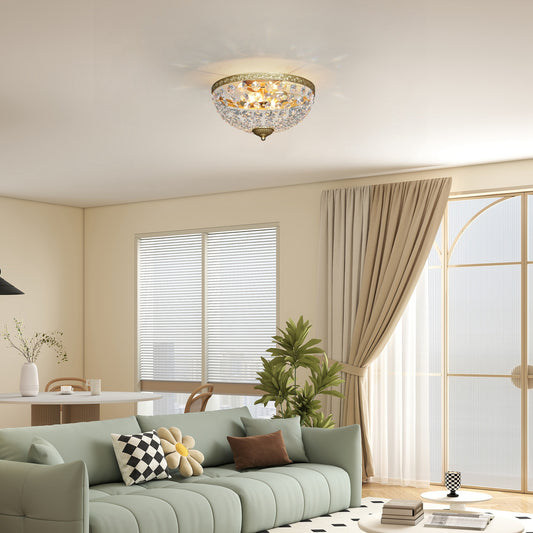 Crystal Chandelier Ceiling Light with 168 Octagonal Beads, Vintage 2-Light Flush Mount Ceiling Light for Living Room, Bedroom, Hallway, Dining Room, Gold Tone
