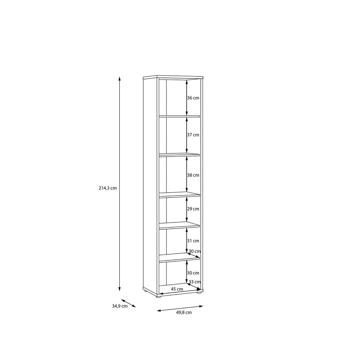 Alyson Tall Narrow Bookcase with 5 Shelves in Elegancia Oak