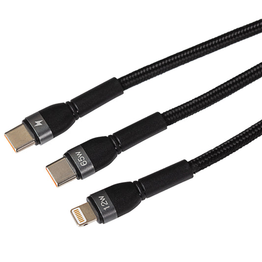 Maplin 2-in-1 USB-C to Multi-Charging USB-C 65W & Lightning 12W Braided Cable