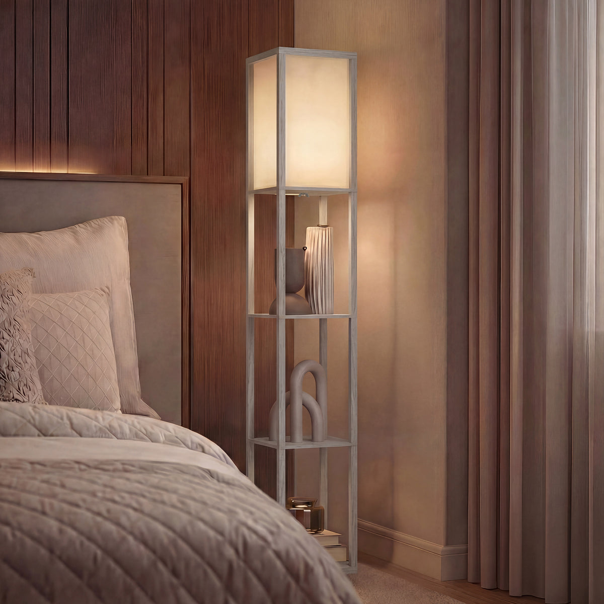 3-Tier Floor Lamp with Shelves and Storage, Modern Corner Standing Lamp with Lampshade, Reading Light with Foot Switch for Living Room, Bedroom, Home Office, Bulb not Included, Oak