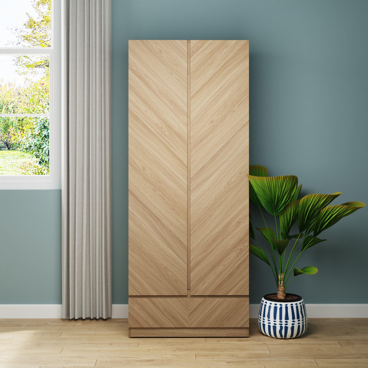 Catania 2 Door Hanging Rail, Deep Top Shelf & 1 Drawer Wooden Wardrobe - Euro Oak Design Finish.