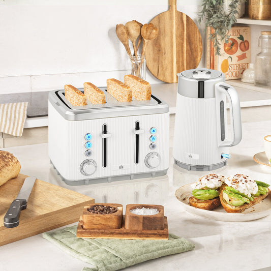 Electric Stainless Steel Kettle and Toaster Set, 3000W 1.7L UK Strix Thermostat Fast Boil Kettle w/ Limescale Filter, Cool Touch Body, 4 Slice Toaster with 7 Browning Levels, White