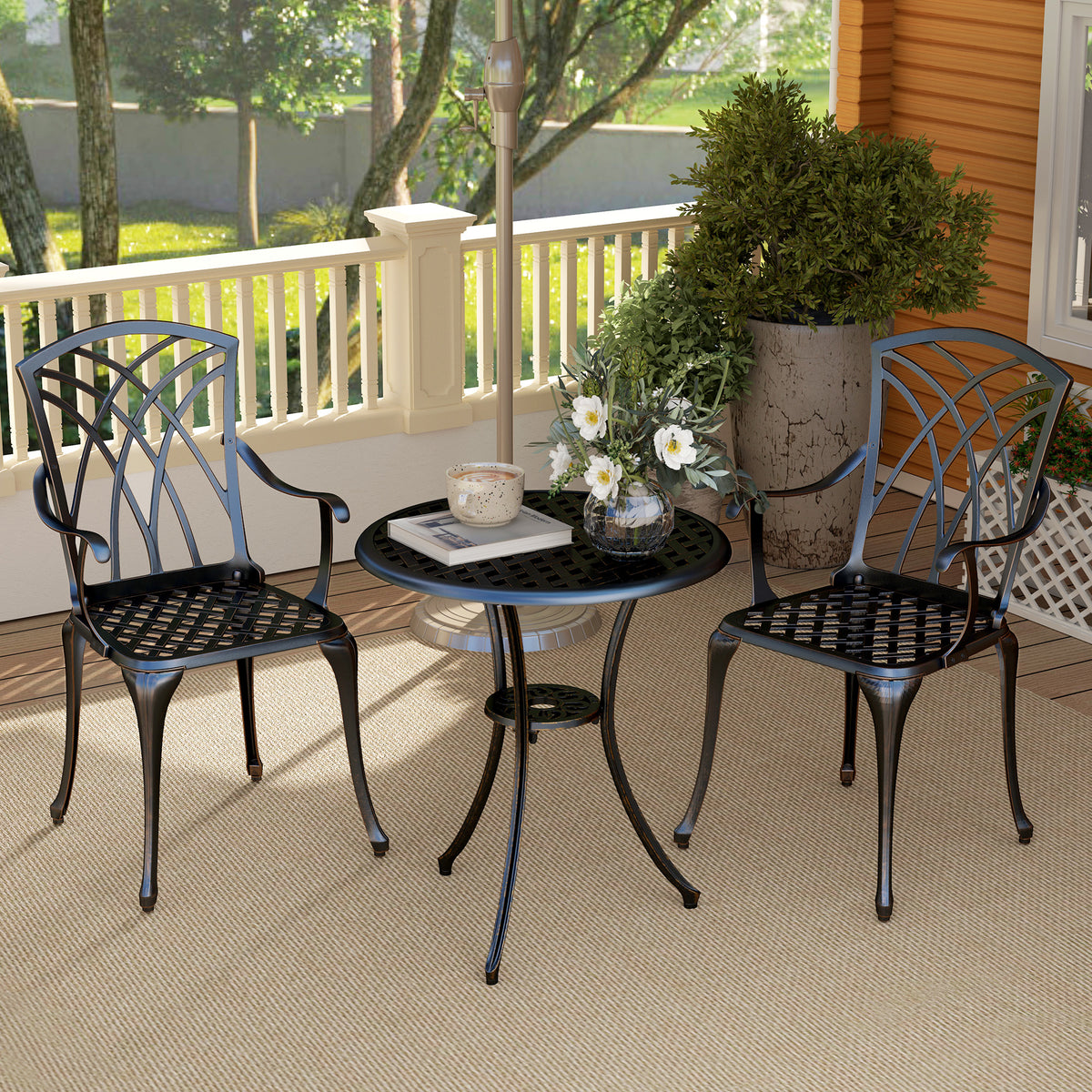 Outsunny 3 Pieces Garden Dining Set for 2, Cast Aluminium Outdoor Dining Set with 2 Armchairs and Round Dining Table with Parasol Hole, Garden Furniture Bistro Set, Bronze Tone