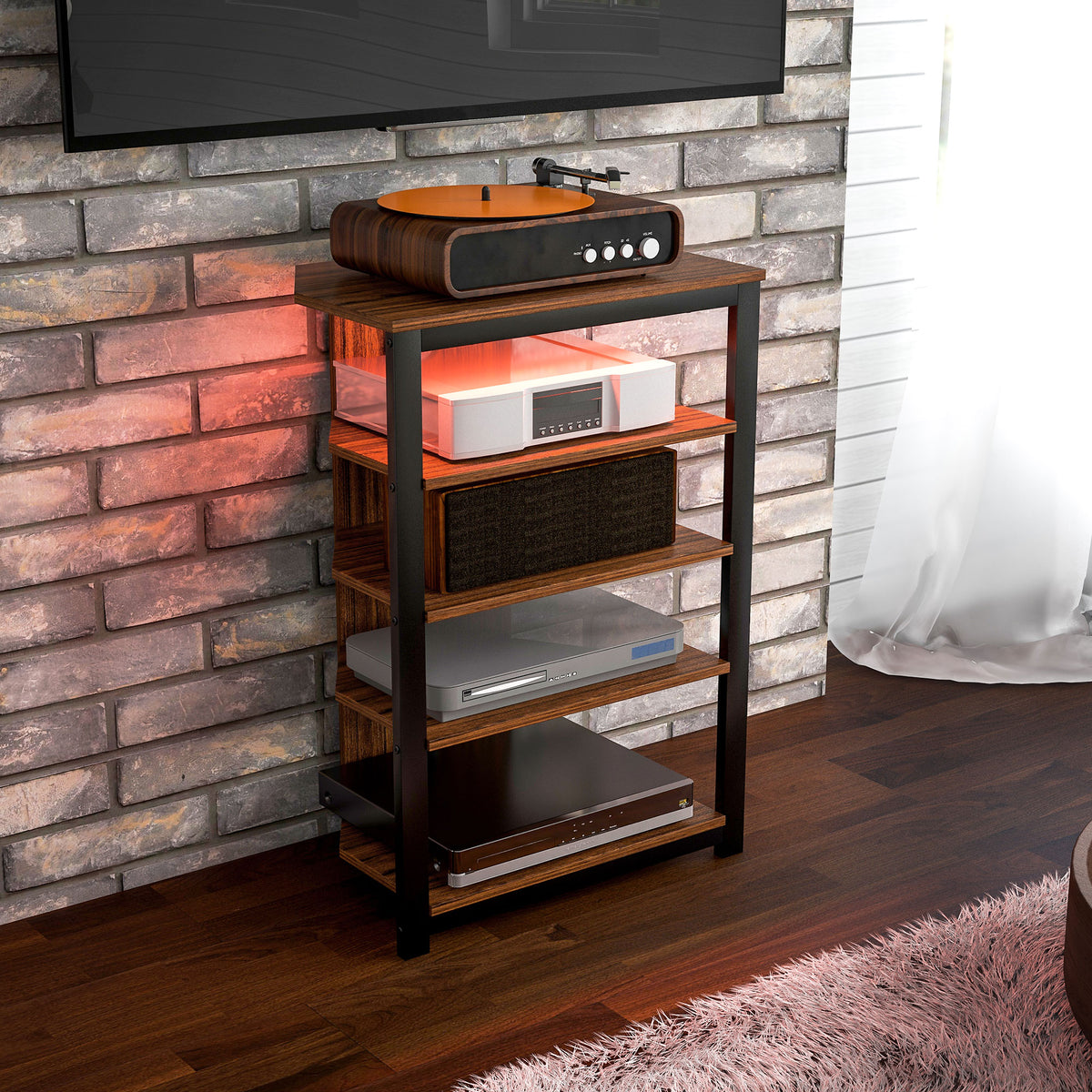 4-Tier Corner TV Stand with Storage, LED Lights, Cable Management, Small Entertainment Centre for TVs up to 29", for Living Room, Bedroom, Brown Wood Effect