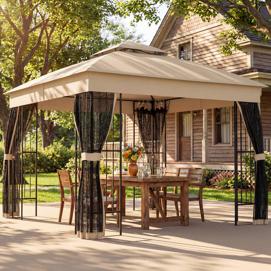 Outsunny 3 x 3 m Outdoor Garden Gazebo with Post Shelves, UPF50+ Double Roof Patio Permanent Pavilion, Brown