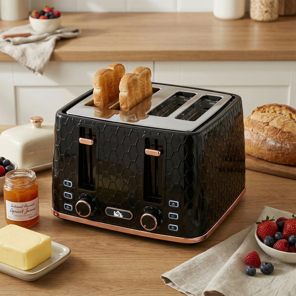4 Slice Toaster with 7 Browning Levels, High Lift, Reheat/Defrost/Cancel, Self-centring Function, Removable Crumb Tray, Auto Off, 1600W, Black Honeycomb Texture