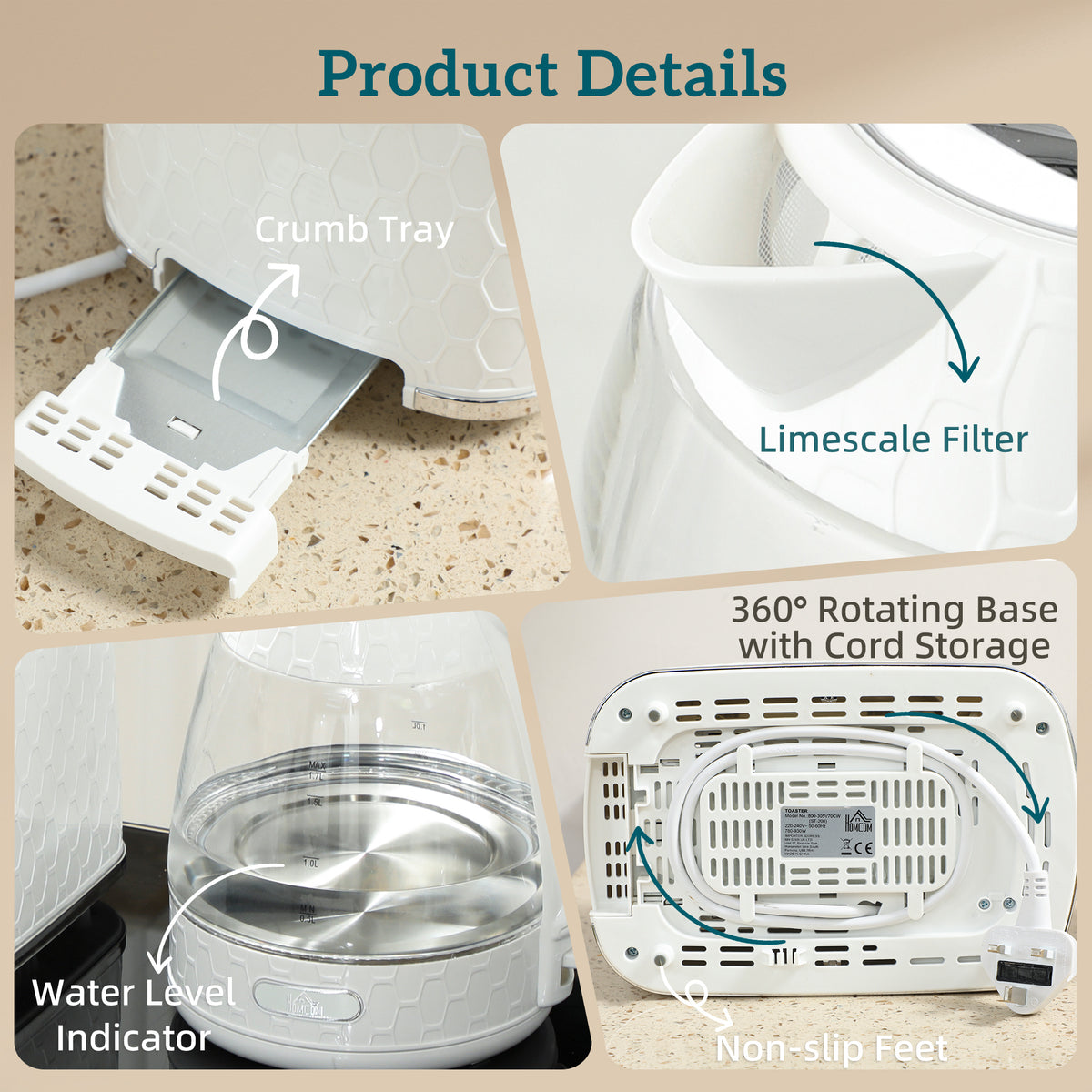 Kettle and Toaster Set, 1.7L 3000W Rapid Kettle with Limescale Filter, 2 Slice Toaster with 7 Browning Controls, Cream