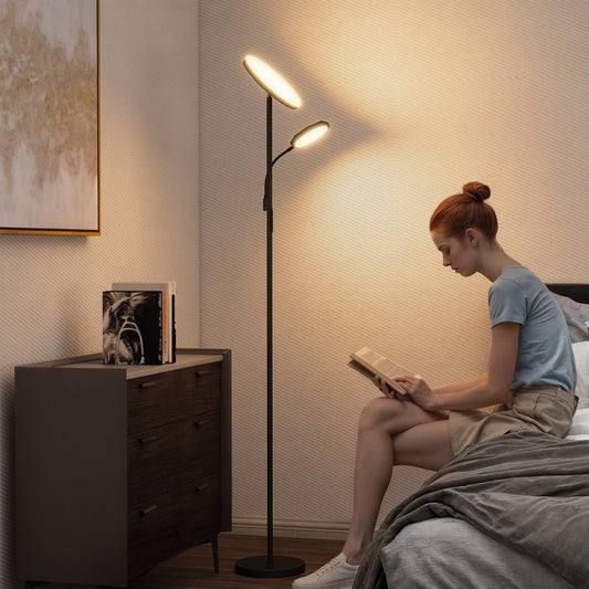 LED Floor Lamp for Living Room, Stepless Dimmable Standing Lamp, Mother and Child Uplighter with Reading Light, 4 Scene Modes, 2700K-6500K Colour Temps, 4 Brightness Levels, Remote Control