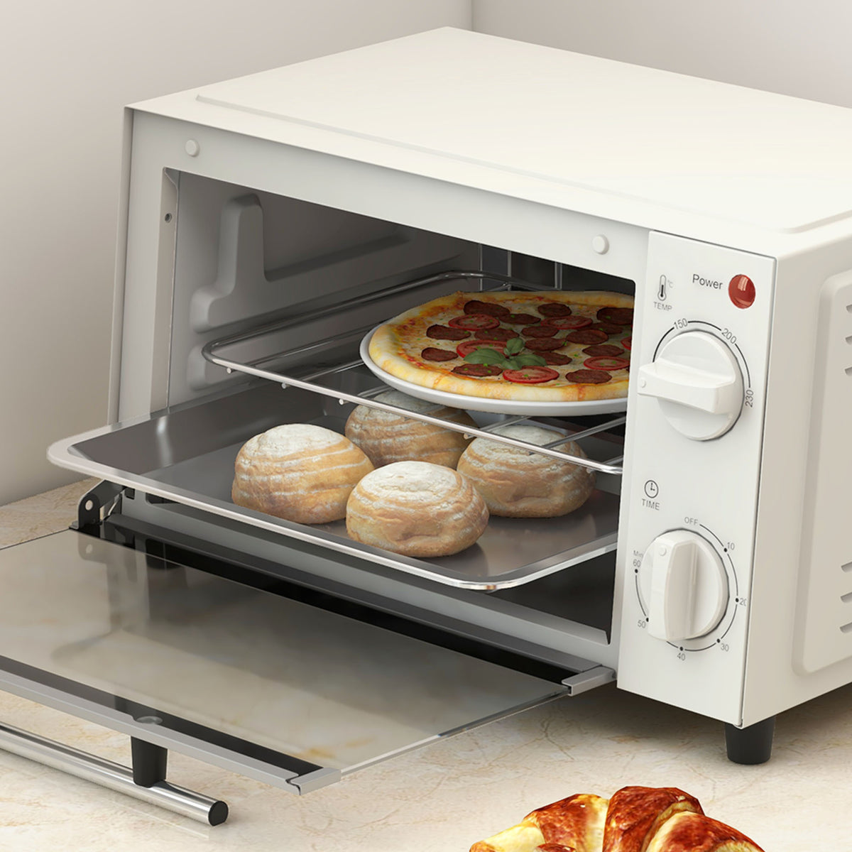 Mini Oven, 9L Countertop Electric Grill, Toaster Oven with Adjustable Temperature, Timer, Dishwasher Safe Baking Tray and Wire Rack, 750W, Cream