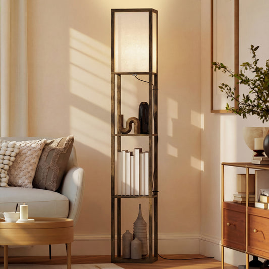 3-Tier Floor Lamp with Shelves and Storage, Modern Corner Standing Lamp with Lampshade, Reading Light with Foot Switch for Living Room, Bedroom, Home Office, Bulb not Included, Brown