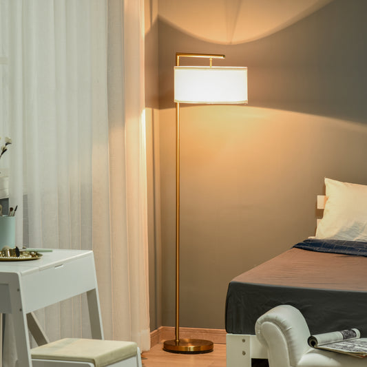 Floor Lamp, Modern Standing Lamp with Linen Lampshade, Round Base for Living Room, Bedroom, Dining Room, 153cm, Gold Tone and White
