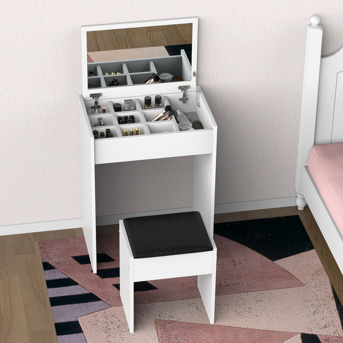 Dressing Table with Mirror and Stool, Vanity Makeup Table with Flip Up Mirror, Vanity Desk with Storage Unit and Padded Seat, White