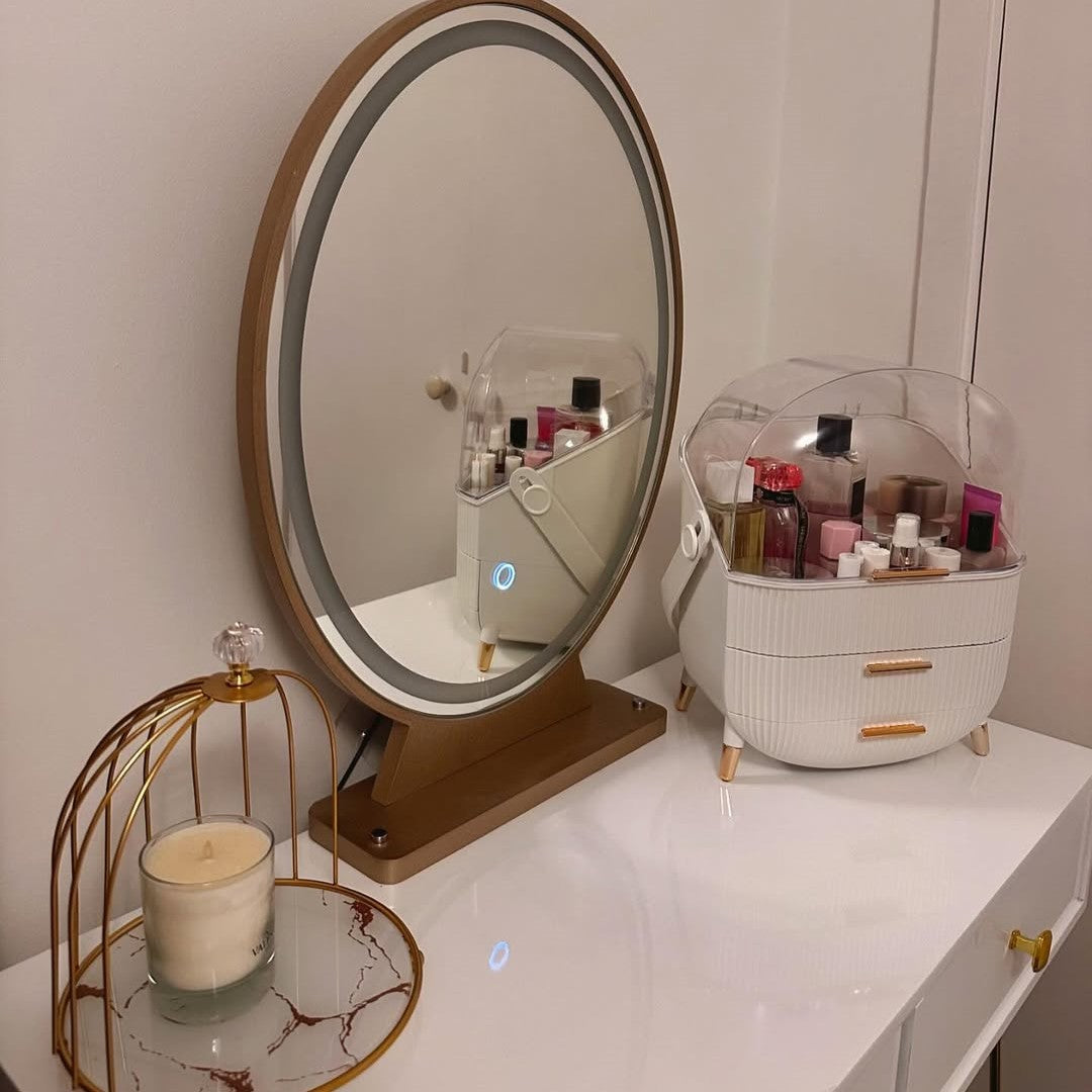 Dressing Table with LED Mirror and Cushioned Stool, Vanity Desk with Acrylic Lipstick Holder and 2 Drawers, Makeup Table for Bedroom, White