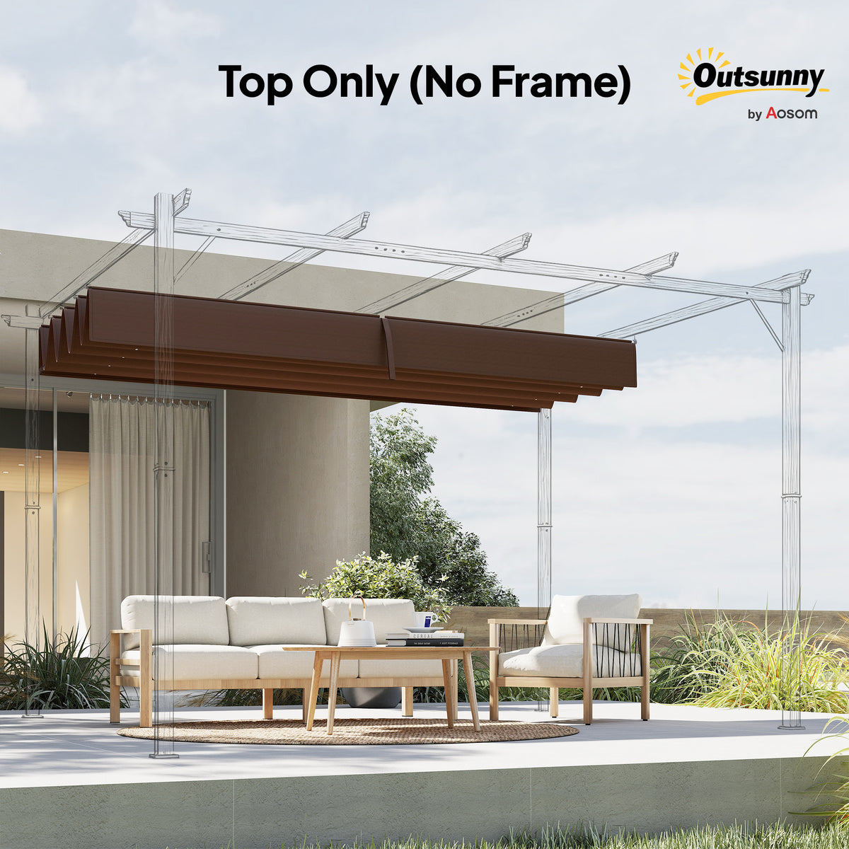 Outsunny Pergola Cover Roof, 2.86 x 2.45 m Retractable Sun Shade Top for 3 x 2m Pergola Frame, UV30+ Protected, Coffee