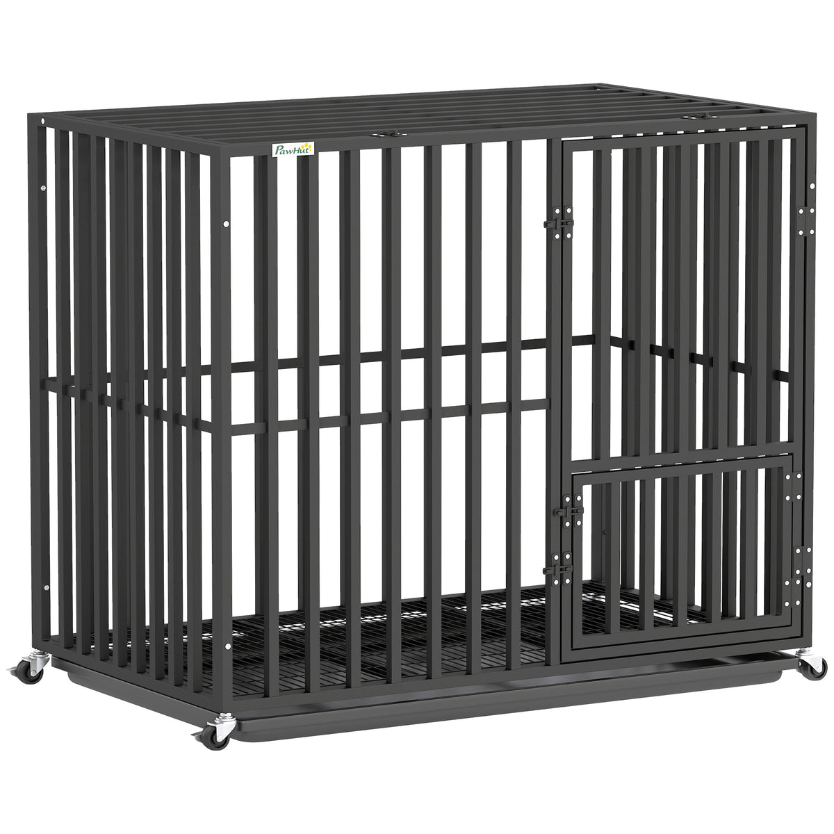 PawHut Heavy Duty Dog Crate, Dog Cage with Wheels for Small Medium Breeds, Metal Pet Kennel with Removable Tray