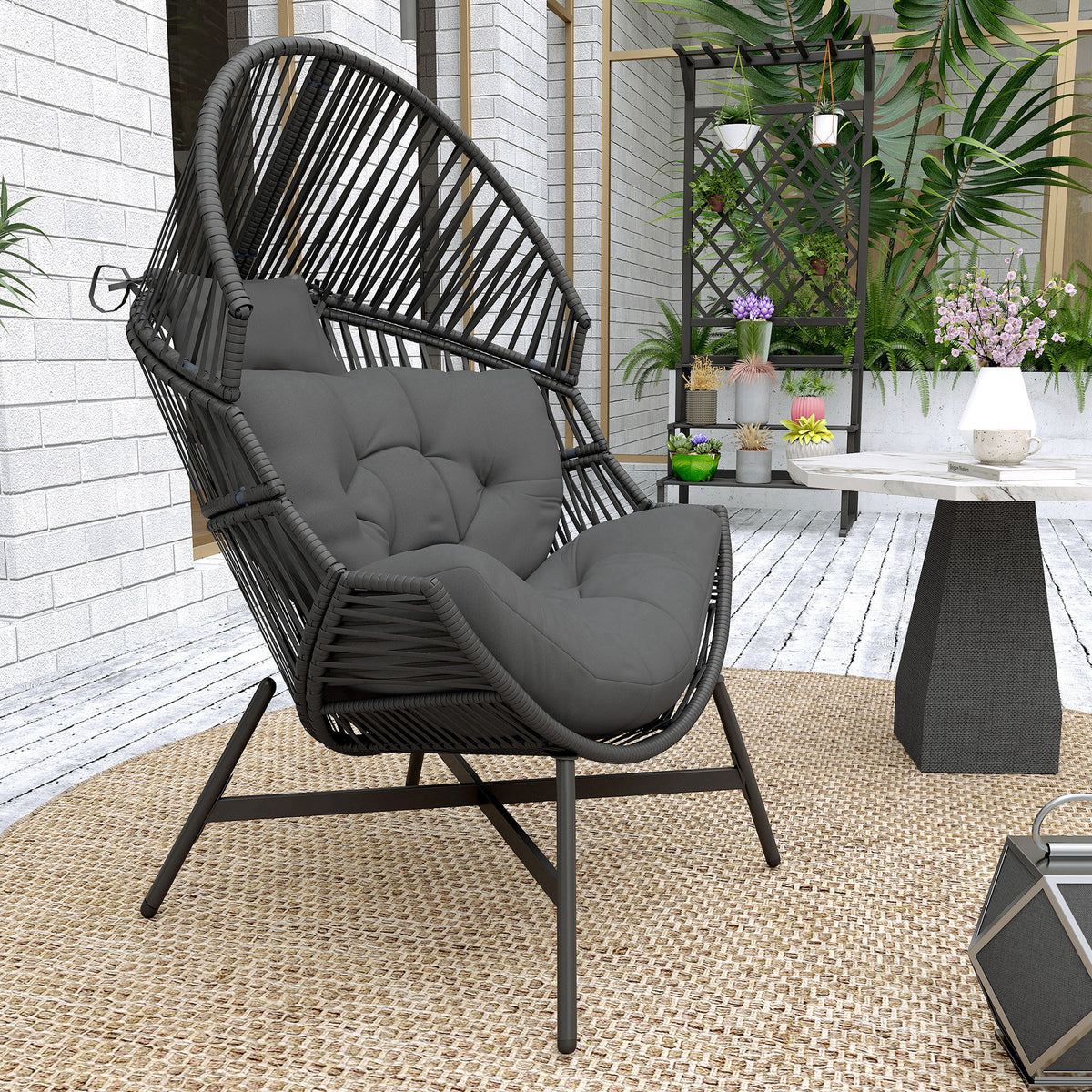 Outsunny Rattan Egg Chair, Oversized Freestanding Garden Egg Chair with Thick Tufted Cushion, Headrest, Steel Frame for Indoor and Outdoor Use, Charcoal Grey