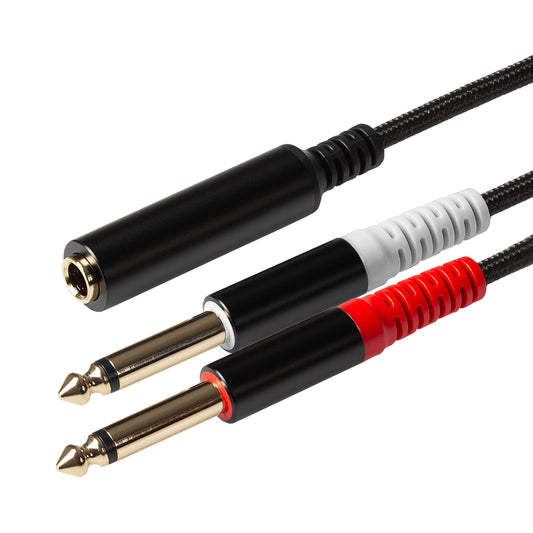 ProSound Twin 1/4" 6.3mm 2 Pole Jack Plugs to Single 1/4" 6.35mm Female Jack Socket Cable - Black, 0.2m