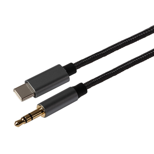 Maplin USB-C to 3.5mm Aux Stereo 3-Pole Jack Plug Braided Cable - Black, 2m