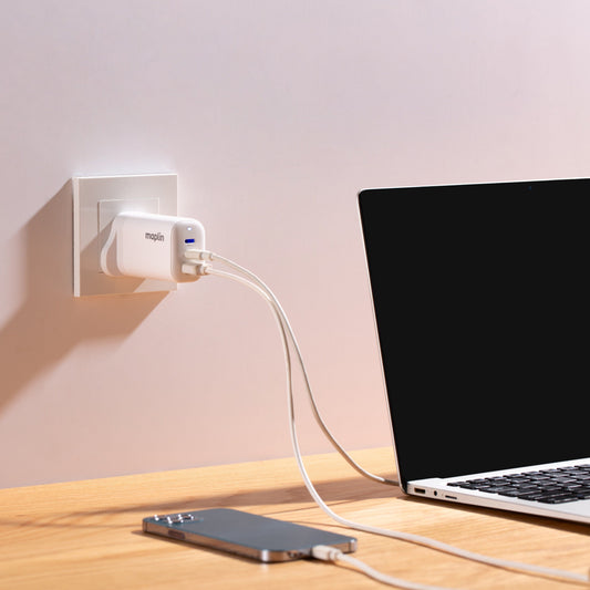 Maplin 3 Port USB Wall Charger 2x USB-C 1x USB-A GaN PD QC 3.0 45W High Speed Charging