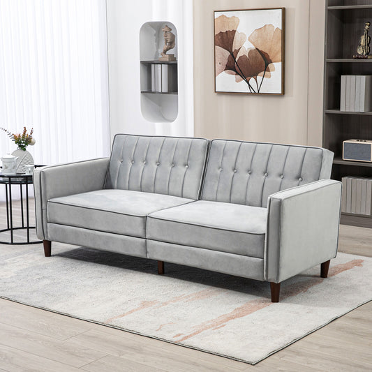 Modern Convertible Sofa Futon Velvet-Touch Tufted Couch with Adjustable Split Back, Light Grey