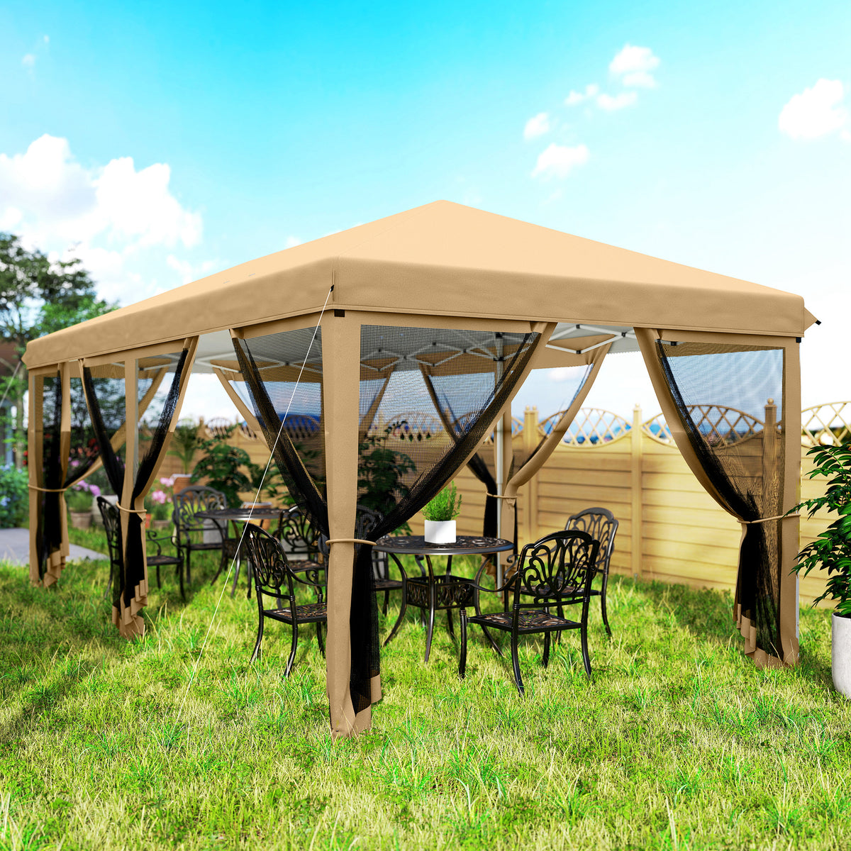 Outsunny 3 x 6m Pop Up Gazebo, Outdoor Canopy Shelter, Marquee Party Wedding Tent with 6 Mesh Walls and Carry Bag, Beige