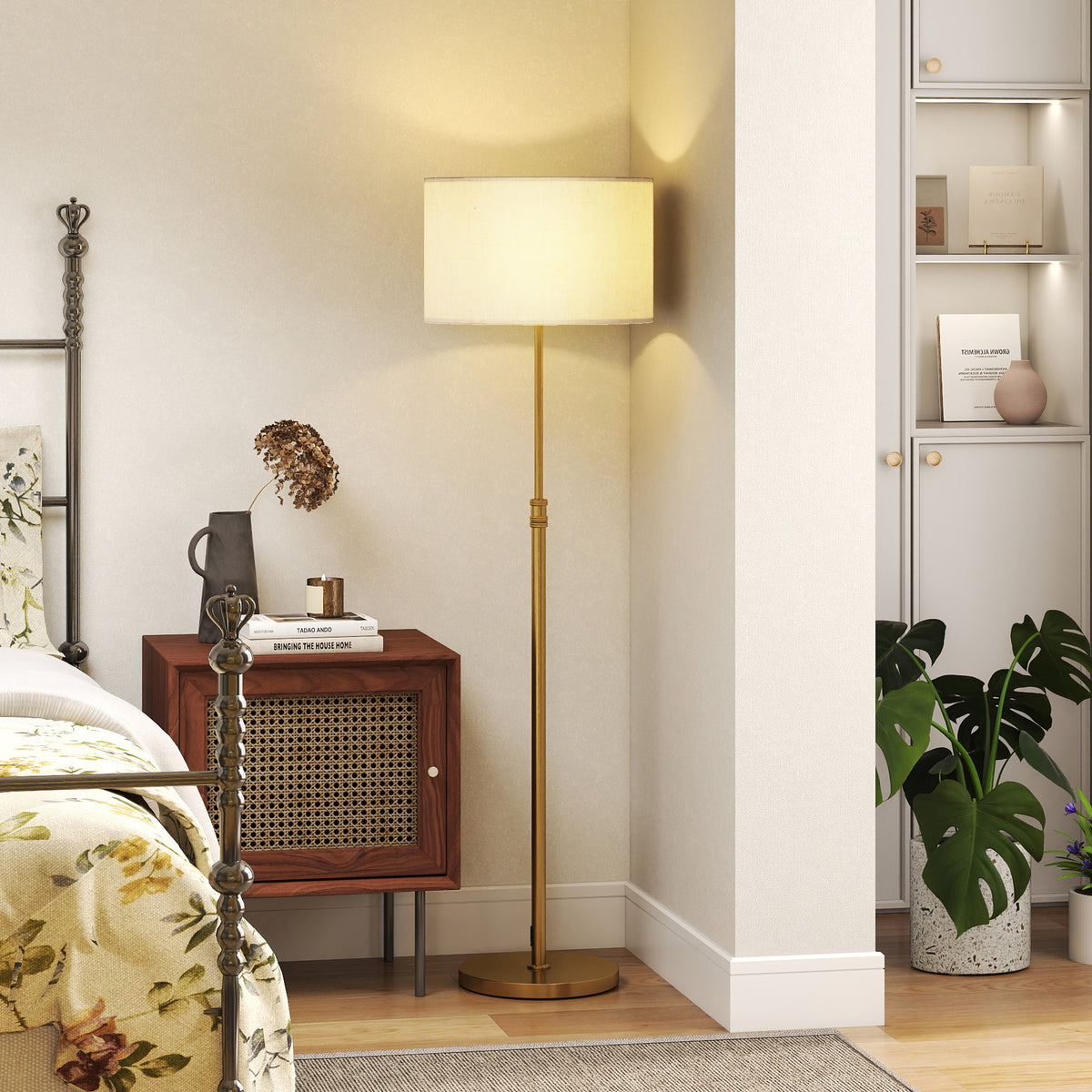 Floor Lamp with Remote, Height Adjustable Standing Lamp with Linen Shade, Dimmable with 3000K-6000K Adjustable Colour Temperatures, Foot Switch for Living Room Bedroom Office, Gold Tone