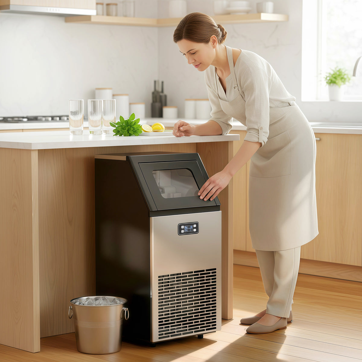 Commercial Ice Maker Machine, Freestanding Stainless Steel Ice Machine with Self-Cleaning, LCD Display, 45kg/24 Hours and 11kg Ice Storage for Home, Office, Bar, Restaurant, Supermarkets
