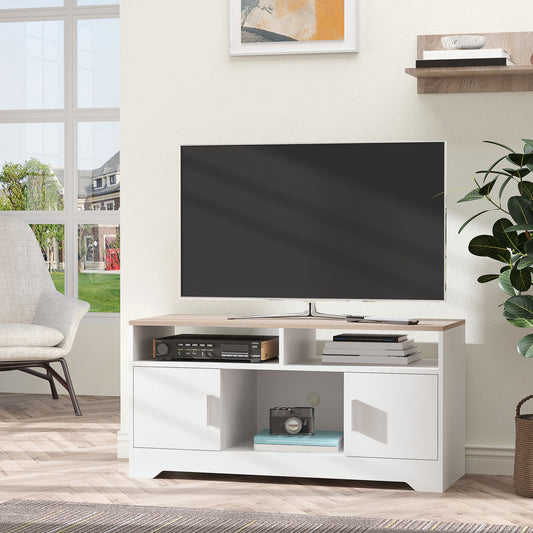 TV Stand Cabinet up to 50", Modern TV Unit with Storage, Open Shelves and Cable Management for Living Room, Bedroom, White